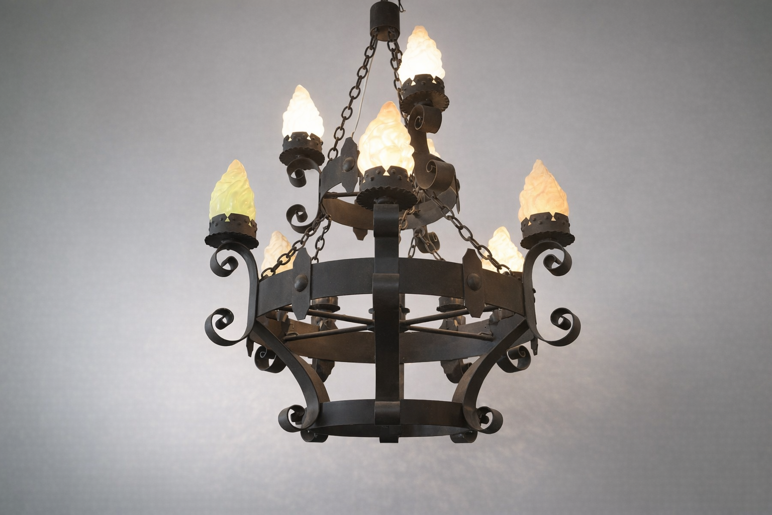 Antique Wrought‑Iron Flame Chandelier — Circa Early 20th Century