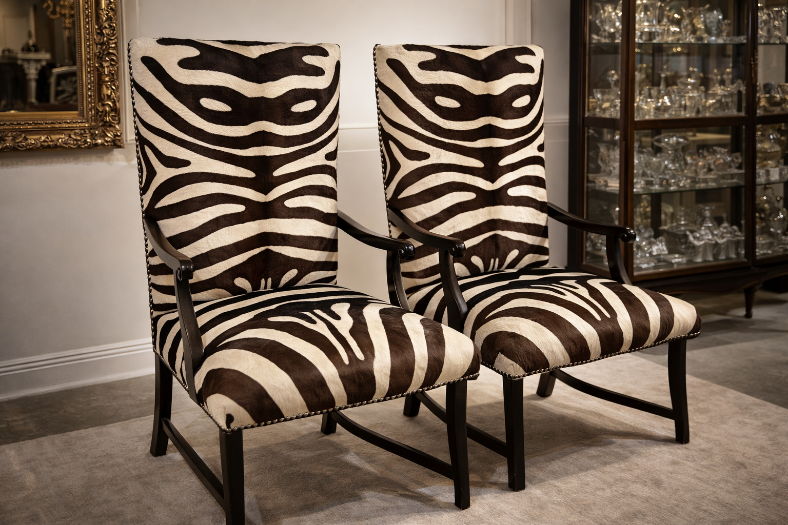 Antique Zebra Hide Accent Chairs — Set of Two
