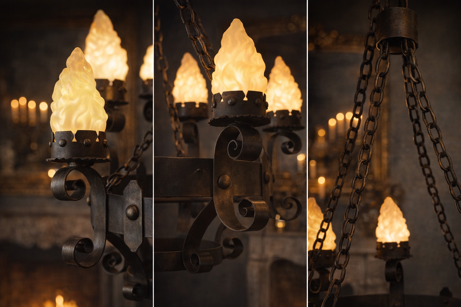 Antique Wrought‑Iron Flame Chandelier — Circa Early 20th Century