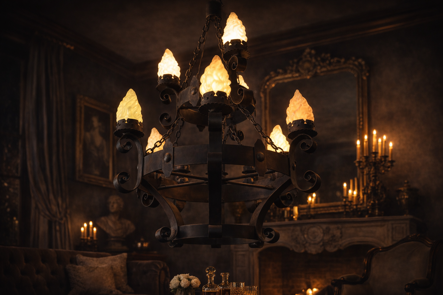 Antique Wrought‑Iron Flame Chandelier — Circa Early 20th Century