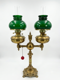 Victorian Brass and Onyx Double Student Lamp with Emerald Green Glass Shades