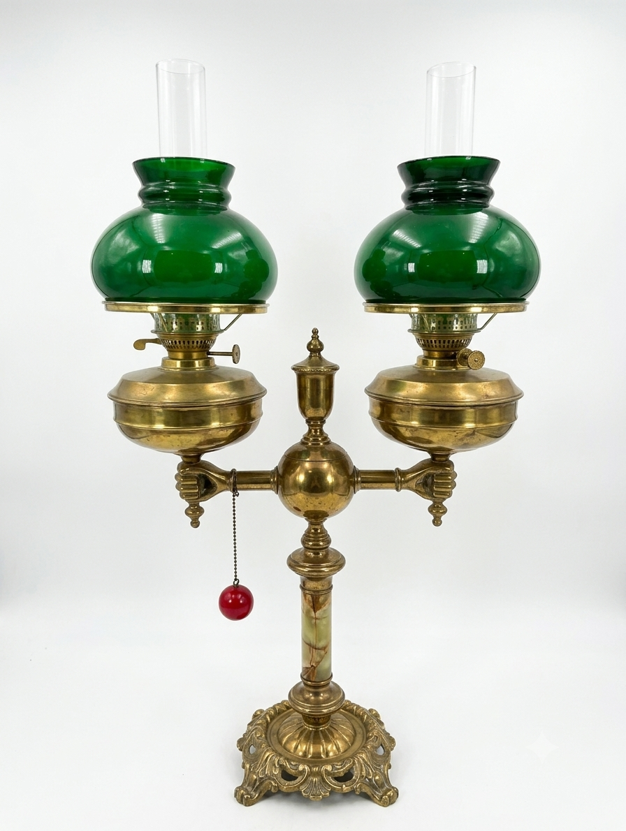 Victorian Brass and Onyx Double Student Lamp with Emerald Green Glass Shades